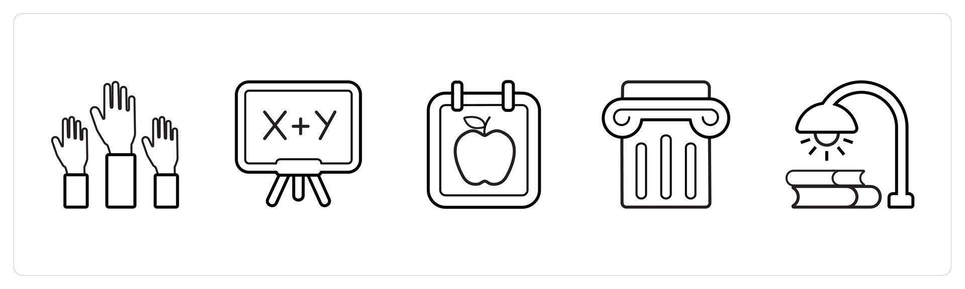 A set of 5 School icons as raise hand, mathematics, schedule in black line color vector