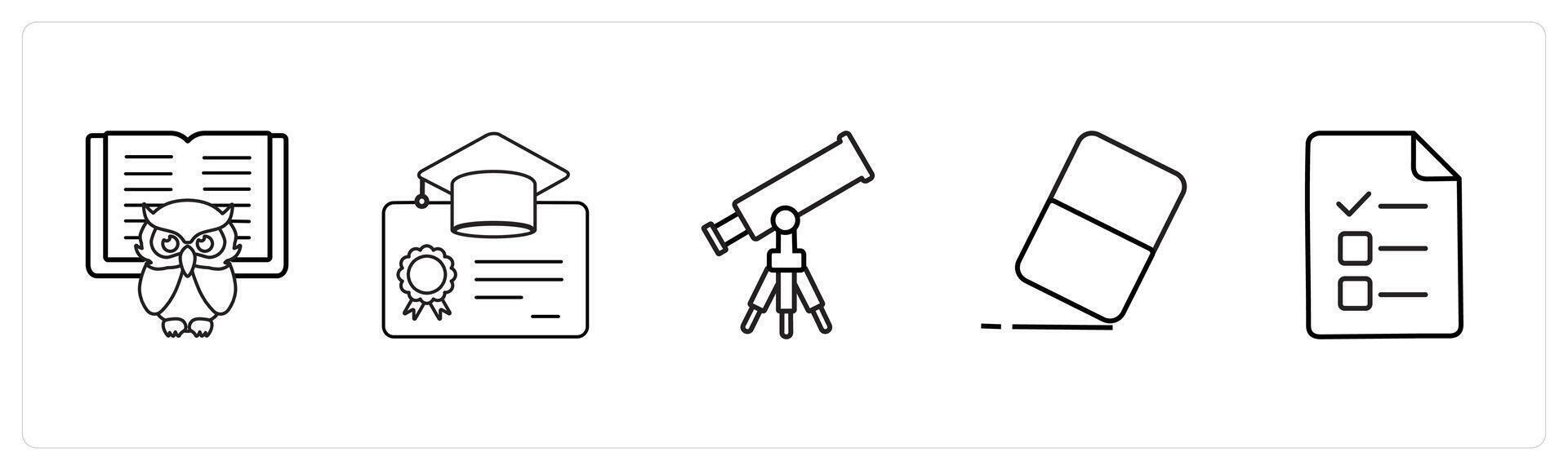 A set of 5 School icons as smart class, degree, telescope in black line color vector