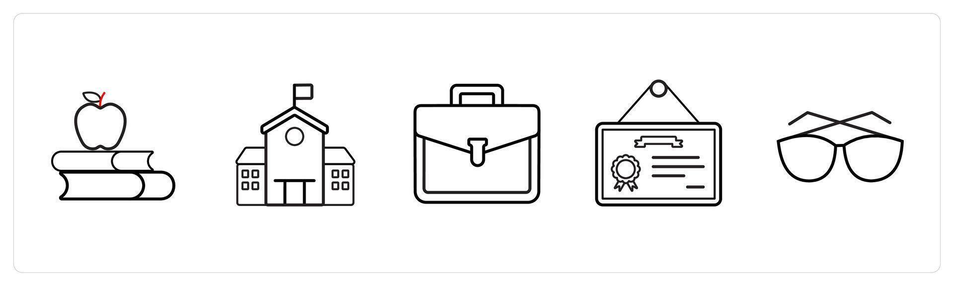 A set of 5 School icons as library, school, school bag in black line color vector