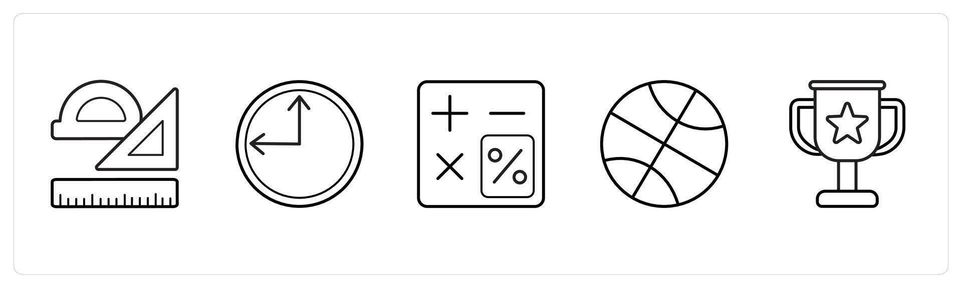 A set of 5 School icons as stationery, time, calculator in black line color vector