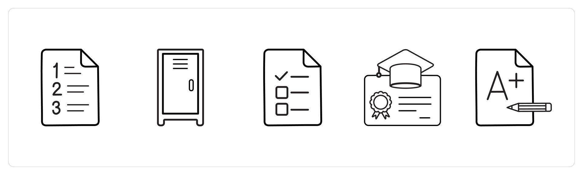 A set of 5 School icons as examination sheet, locker, exam in black line color vector