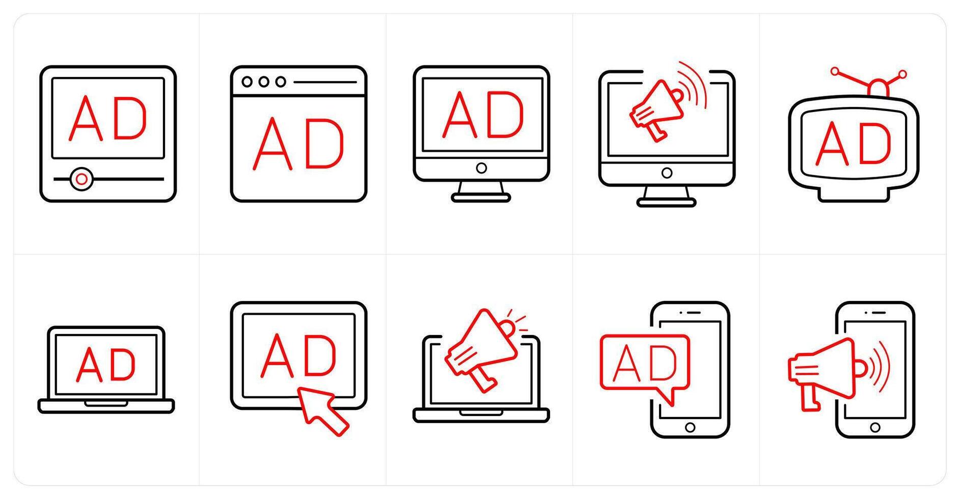 A set of 10 ads and marketing icons as advertisement, website ad, banner ad in red line color vector