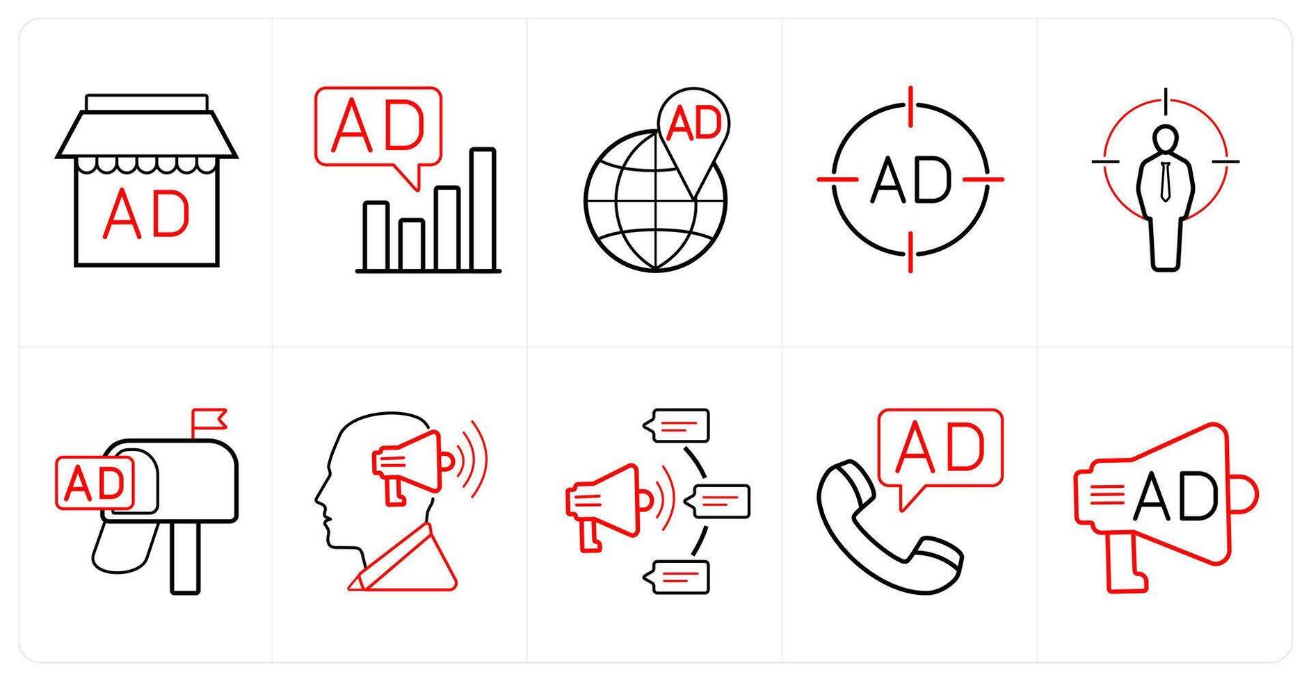 A set of 10 ads and marketing icons as advertisement store, advertisement graph, global advertisement in red line color vector