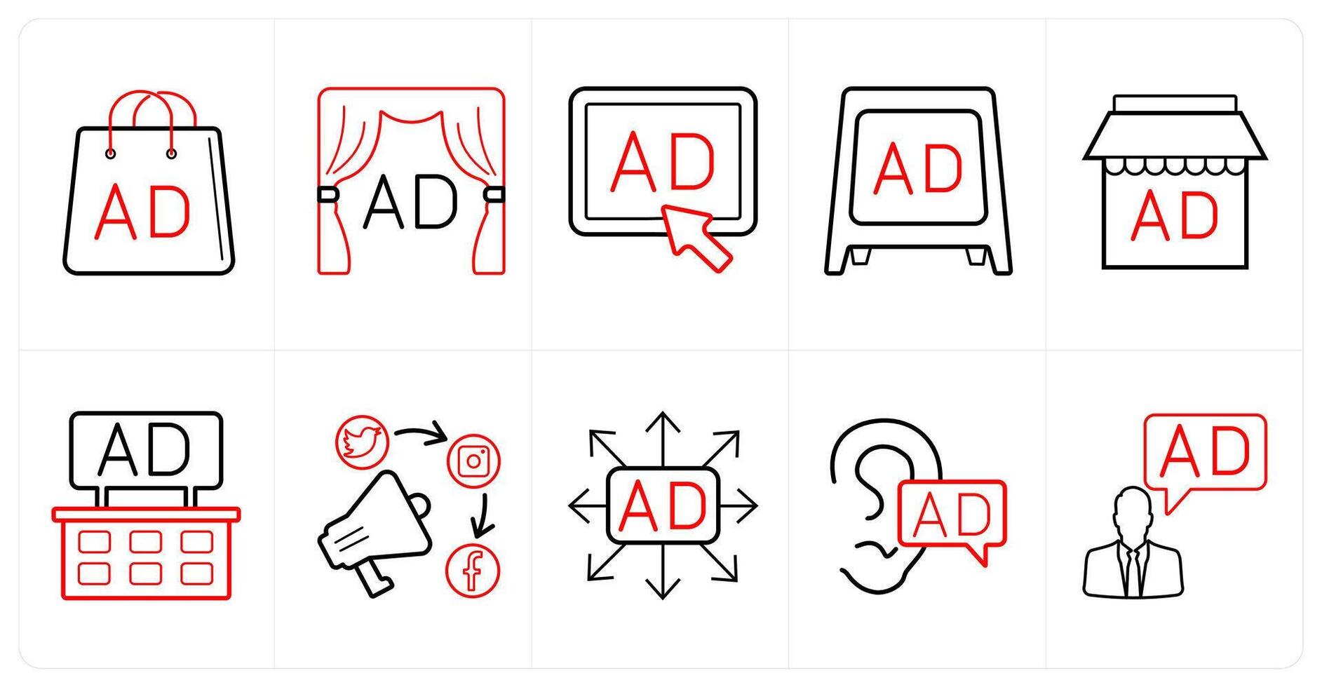A set of 10 ads and marketing icons as advertisement bag, advertisement, pay per click ad in red line color vector