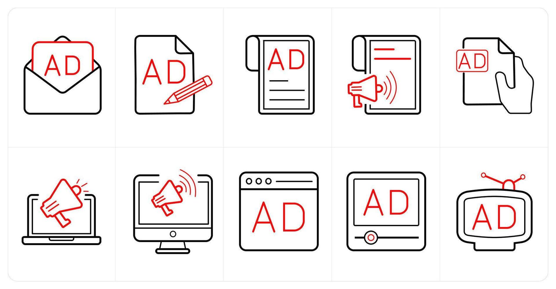 A set of 10 ads and marketing icons as email advertisement, compose content in red line color vector