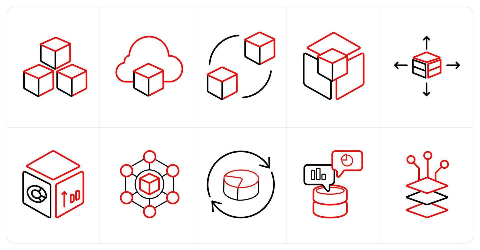 A set of 10 Big Data icons as 3d, cloud storage, refresh in red line color vector
