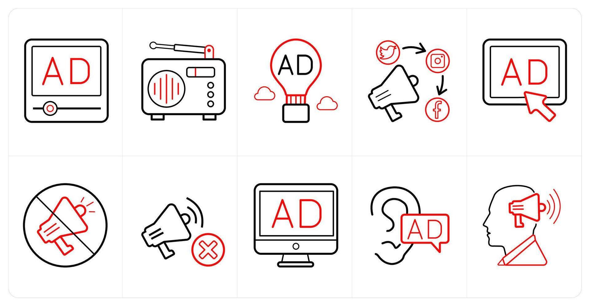 A set of 10 ads and marketing icons as advertisement, radio ad, balloon ad in red line color vector