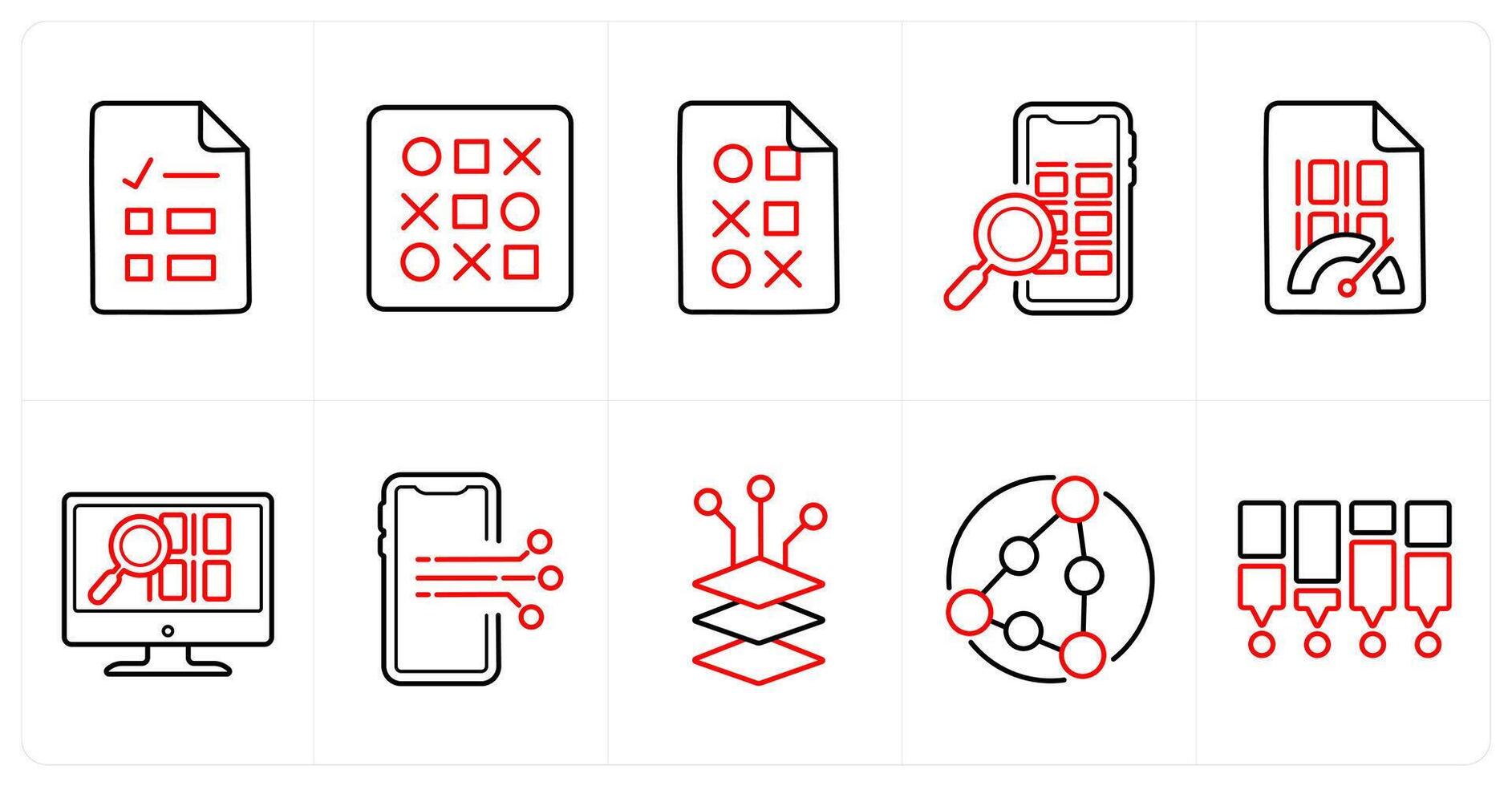 un conjunto de 10 grande datos íconos como base de datos, grande datos, móvil buscar en rojo línea color vector
