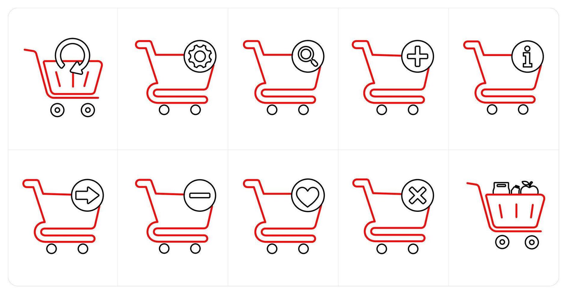A set of 10 cart icons as update cart, cart setting, cart search in red line color vector