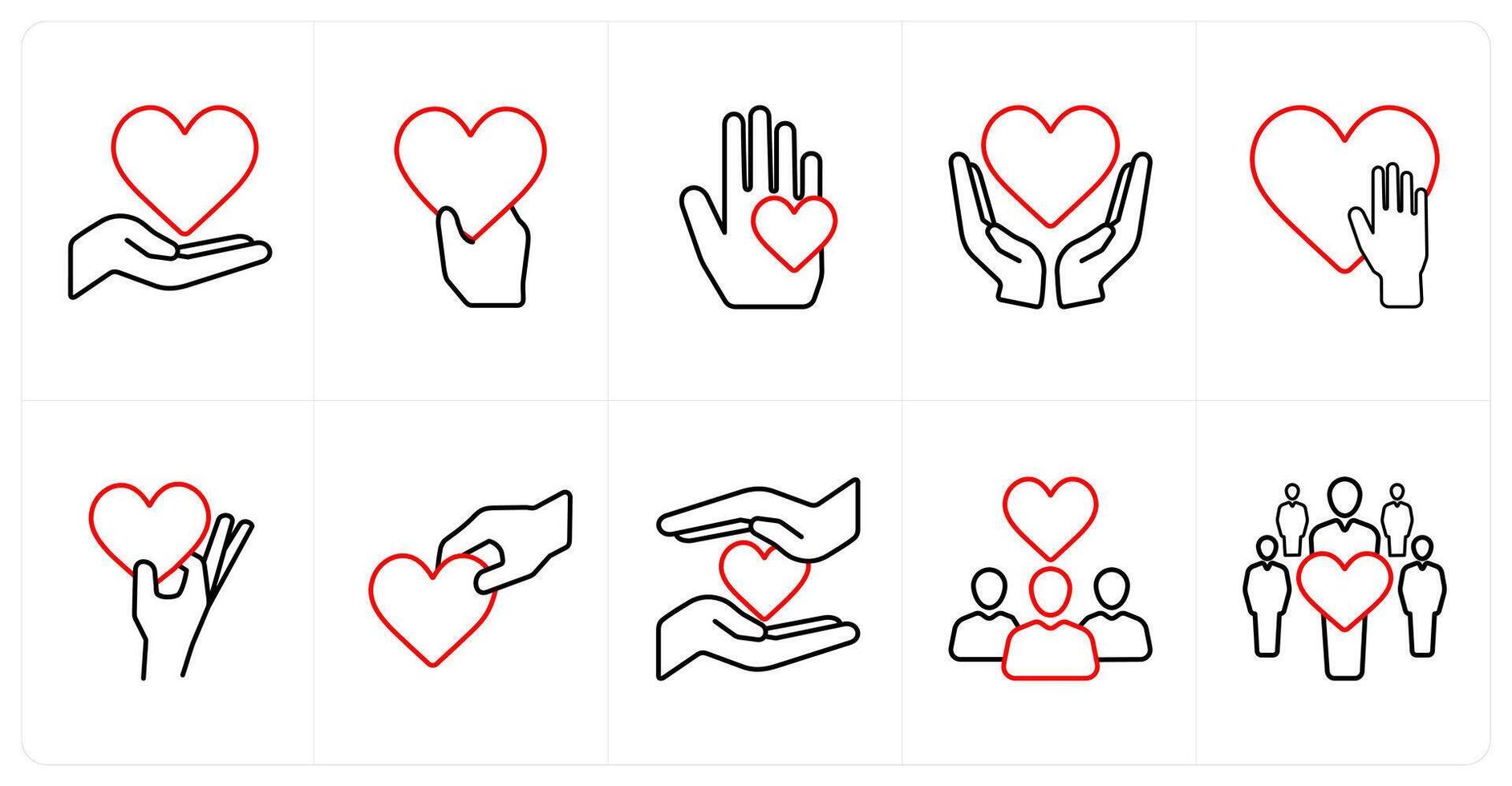 A set of 10 crowdfunding icons as donation, charity, donate in red line color vector