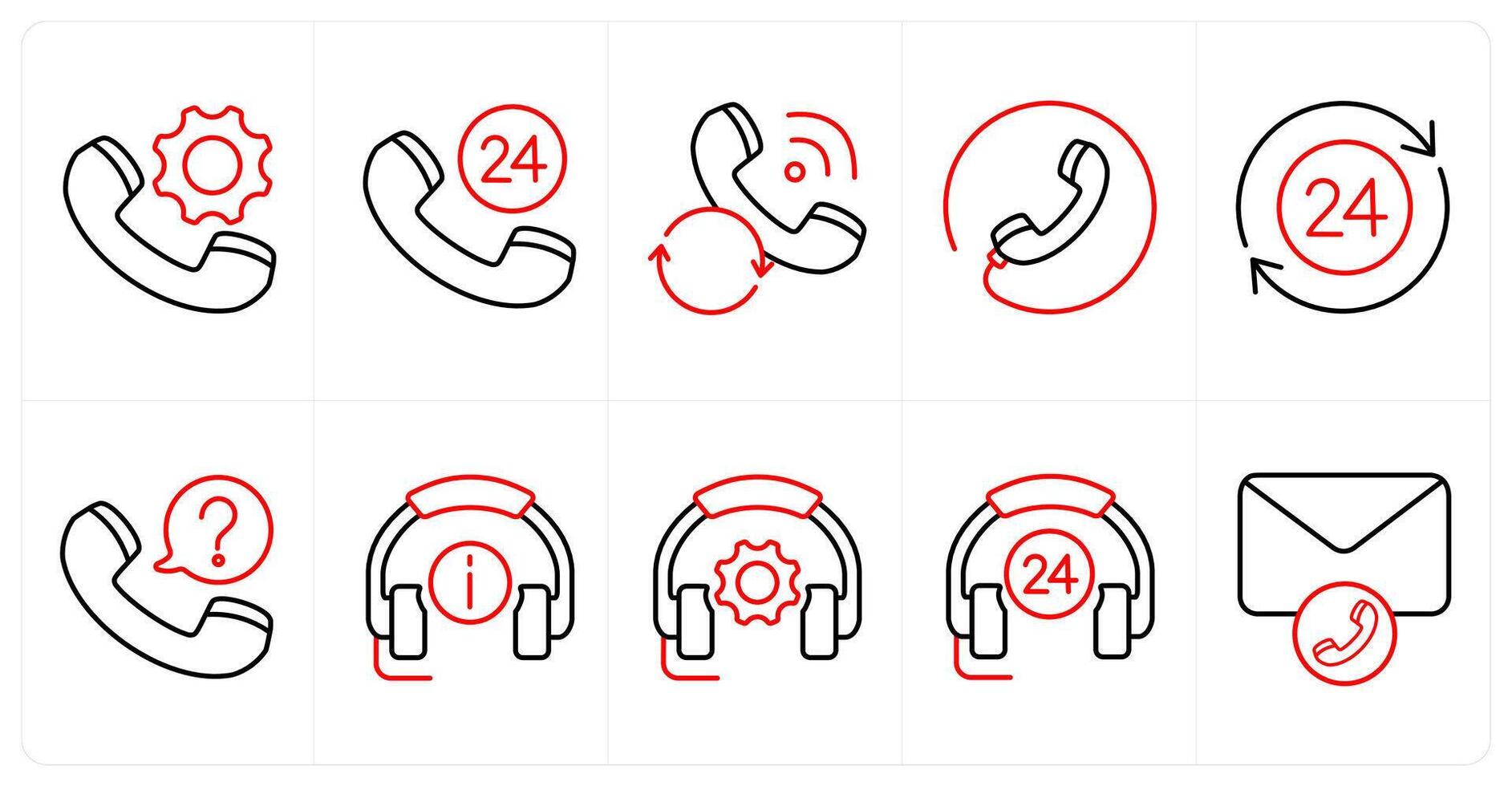 A set of 10 Customer Support icons as calling support, 24x7 call, calling status in red line color vector