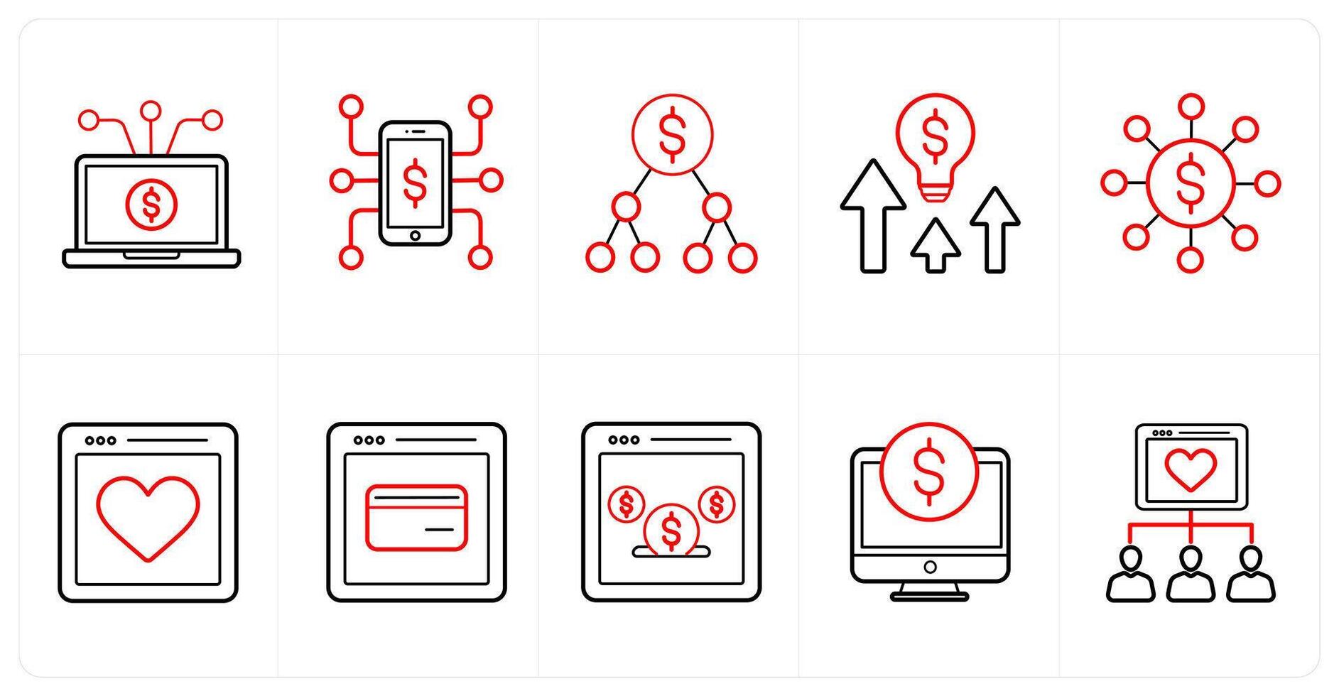 A set of 10 crowdfunding icons as money transation, money network, transaction in red line color vector
