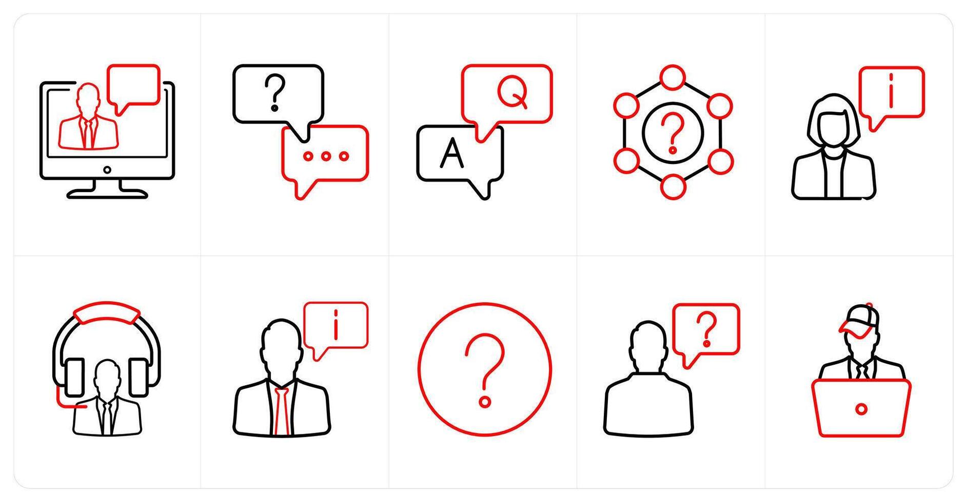 A set of 10 Customer Support icons as online chat, chat support, question answer in red line color vector