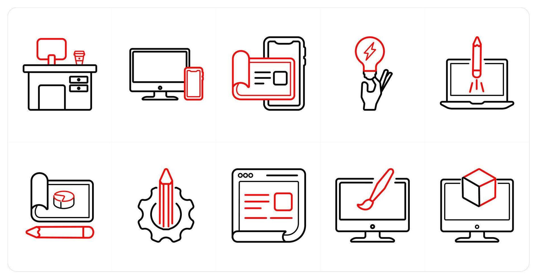 A set of 10 design and creativity icons as office desc, responsive, user details in red line color vector