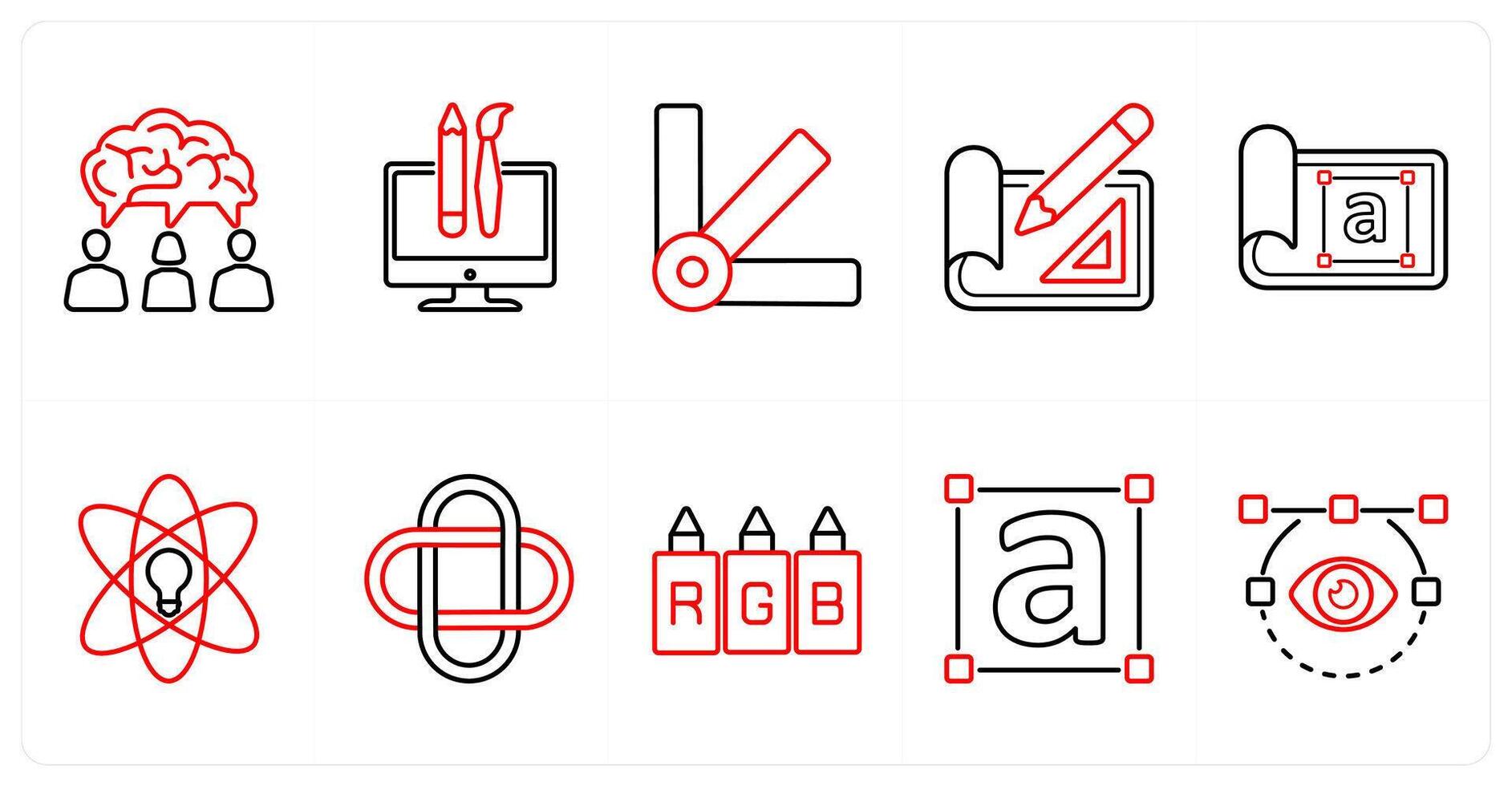 A set of 10 design and creativity icons as creative idea, custom design, color palette in red line color vector