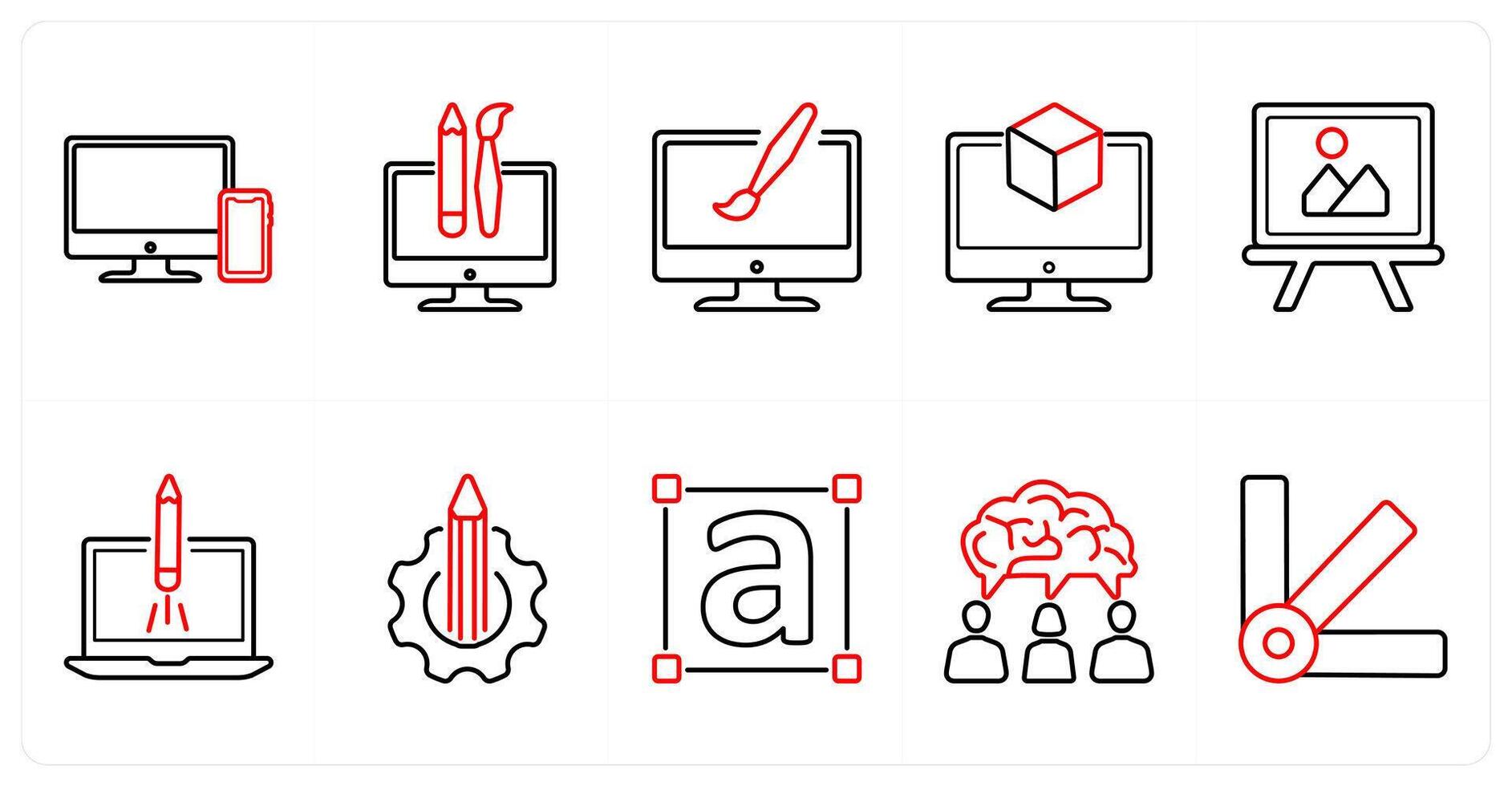 A set of 10 design and creativity icons as responsive, custom design, 3d in red line color vector