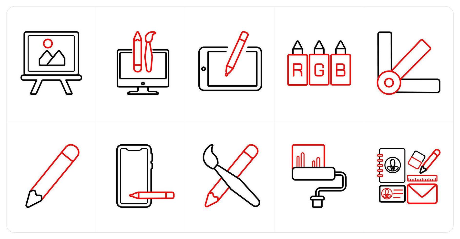 A set of 10 design and creativity icons as painting, custom design, sketch in red line color vector