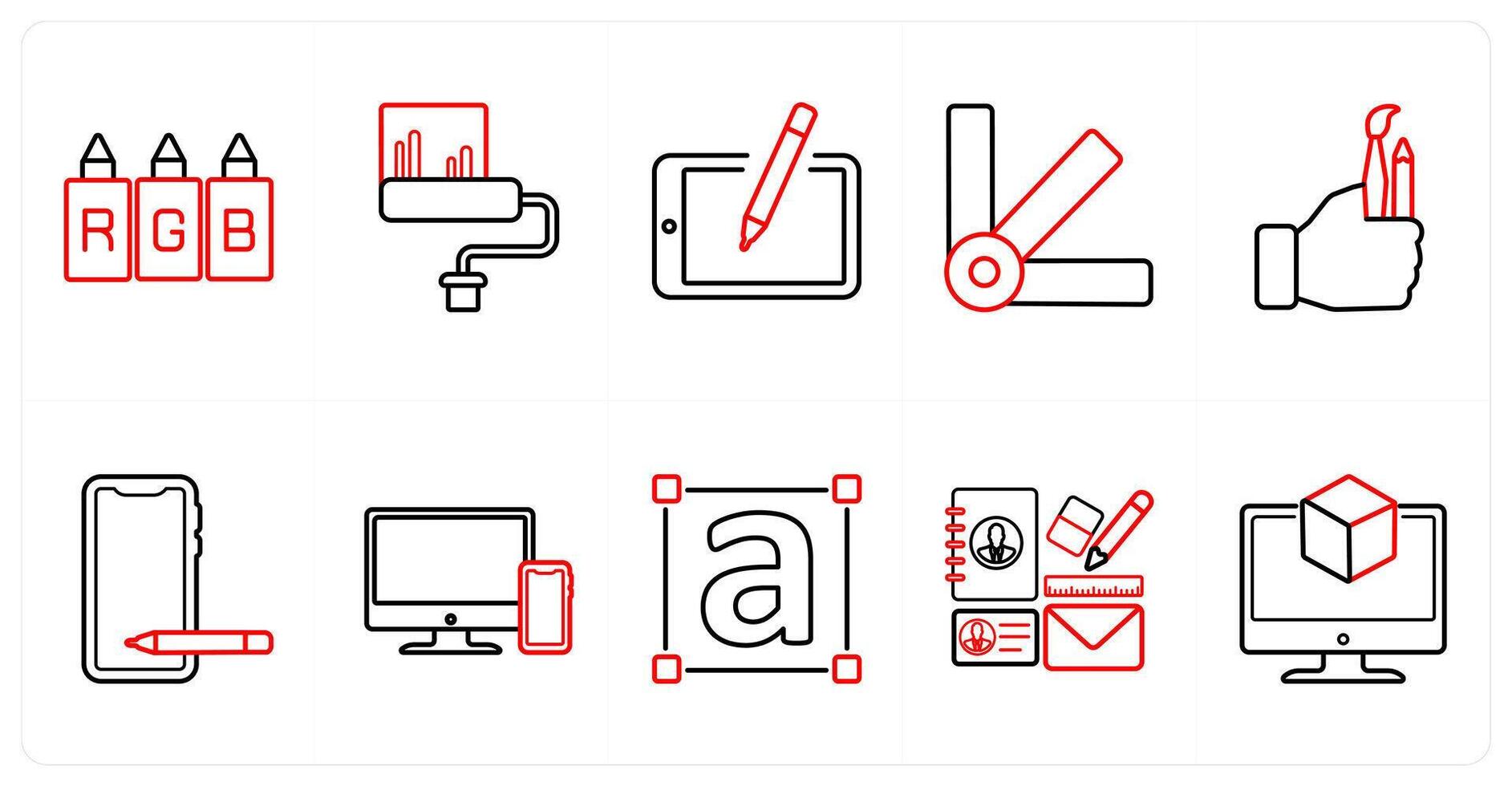 A set of 10 design and creativity icons as rgb, brush, sketch in red line color vector