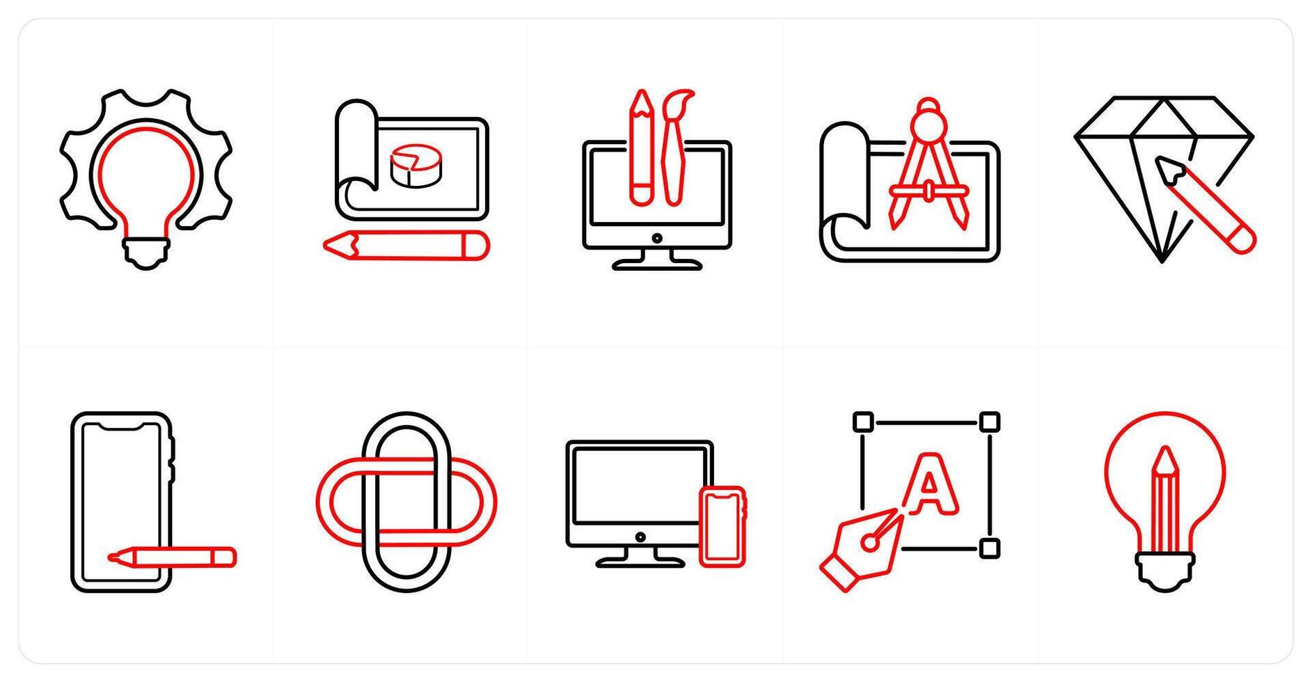 A set of 10 design and creativity icons as bulb, design, custom design in red line color vector