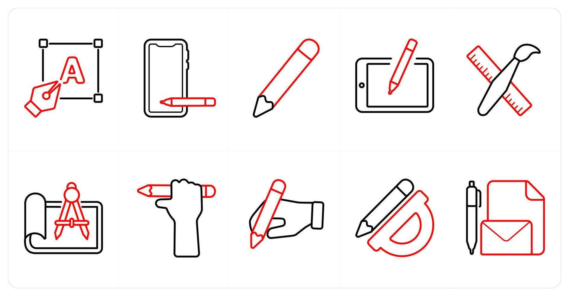A set of 10 design and creativity icons as designing, draw, pencil in red line color vector