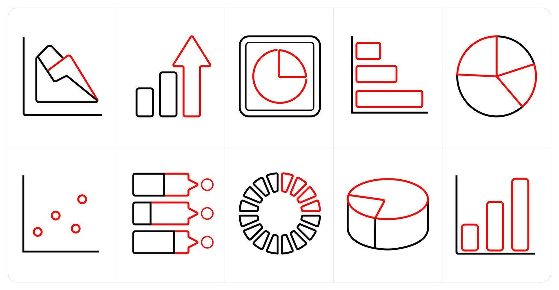 A set of 10 Diagrams and Reports icons as chart, growth chart, pie chart in red line color vector