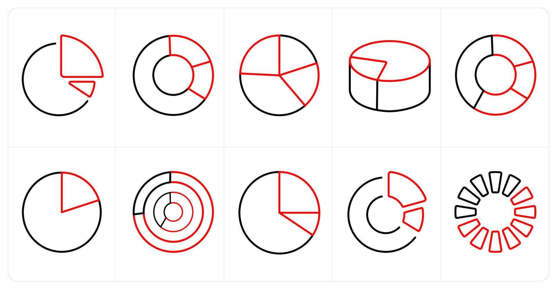 A set of 10 Diagrams and Reports icons as pie chart, chart, diagram in red line color vector
