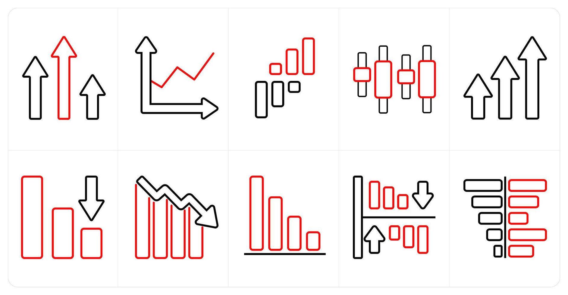 A set of 10 Diagrams and Reports icons as profit, profit analysis, intervals in red line color vector