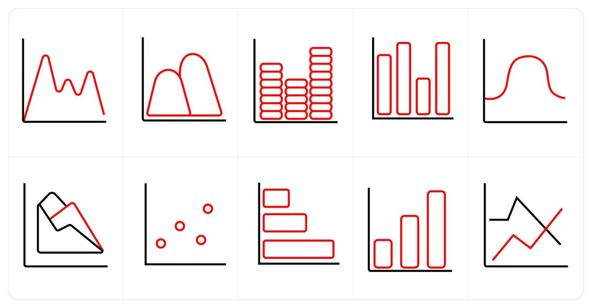 A set of 10 Diagrams and Reports icons as impressions, statistics, finance in red line color vector