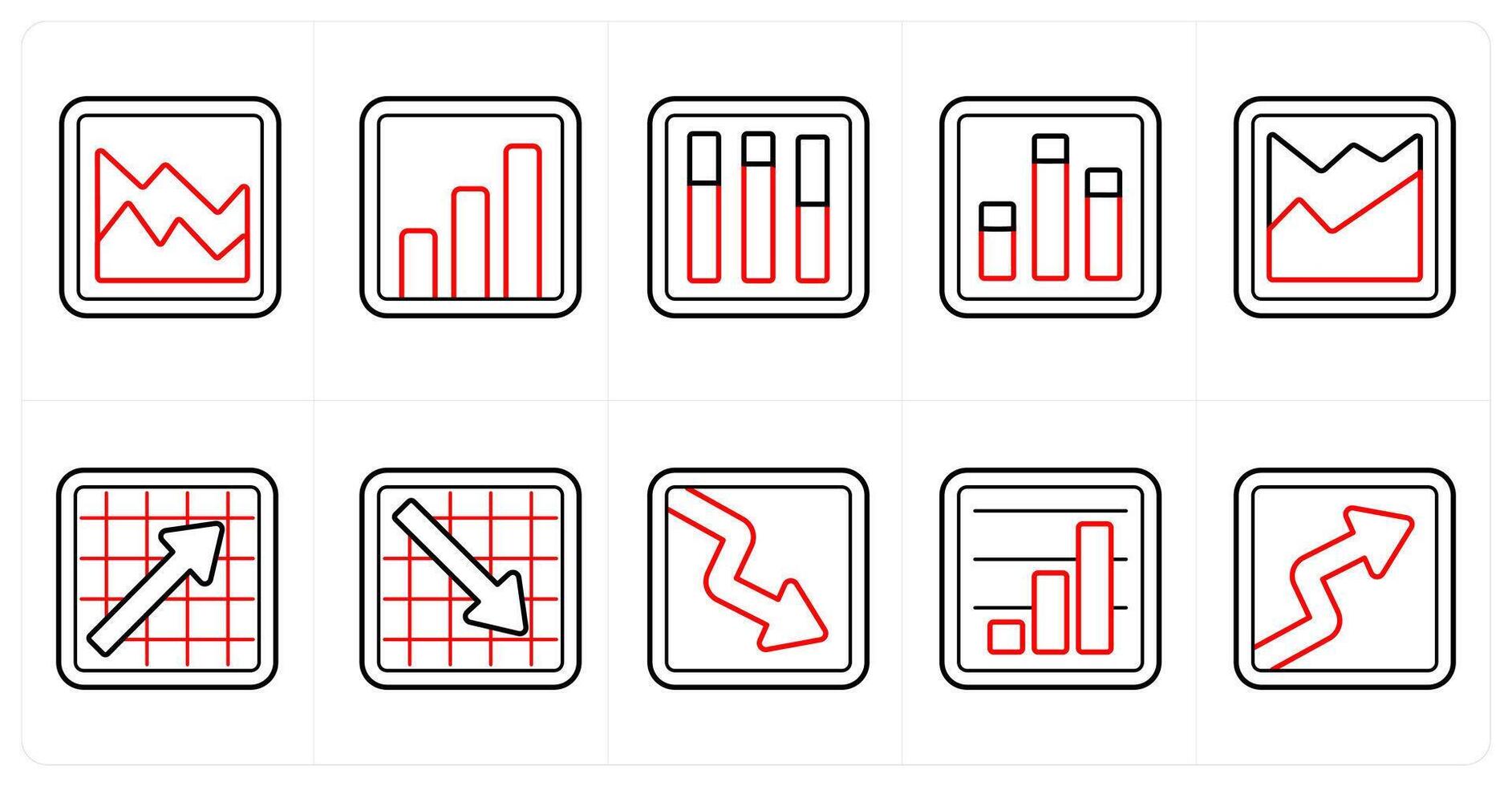 A set of 10 Diagrams and Reports icons as analytics, analysis, statistics in red line color vector