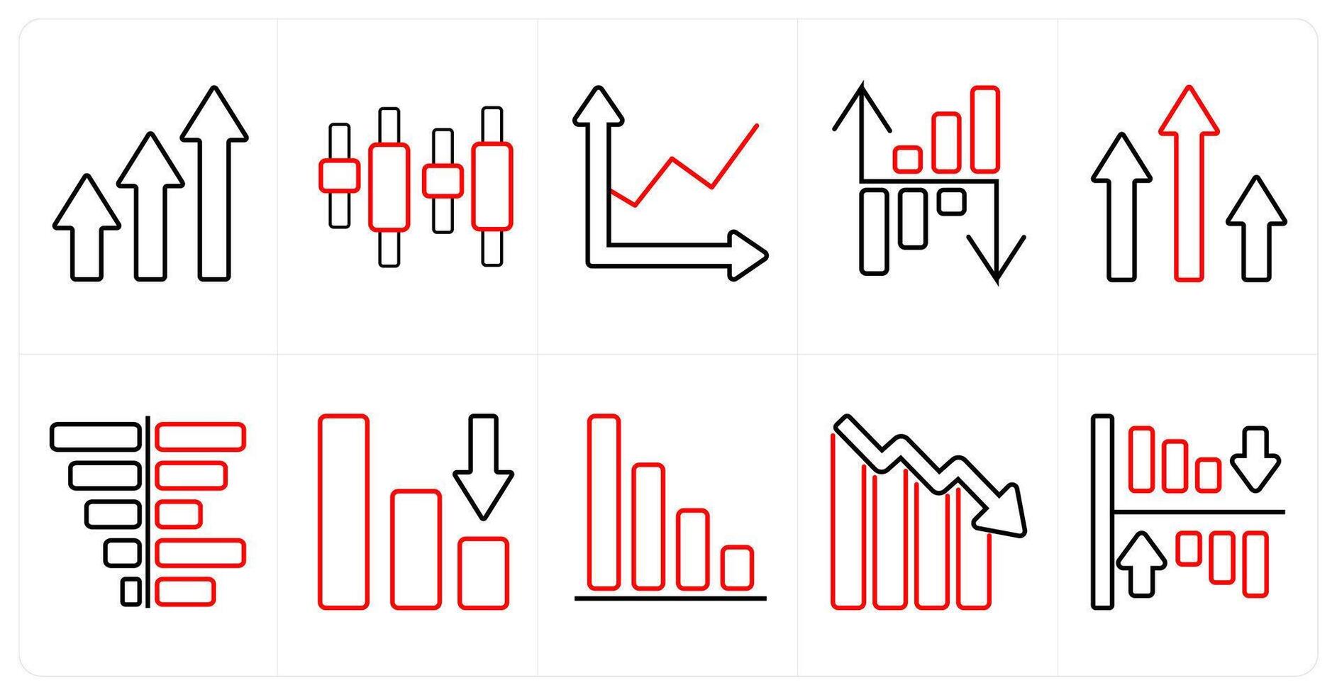 A set of 10 Diagrams and Reports icons as growth, intervals, profit in red line color vector