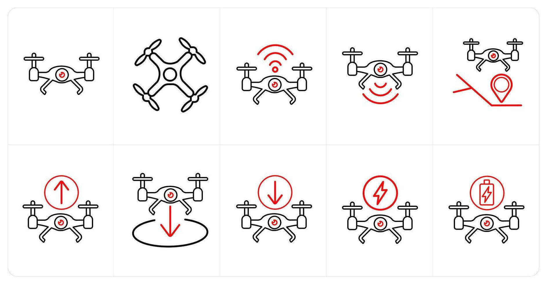 A set of 10 Drone icons as drone, drone wifi, drone signal in red line color vector