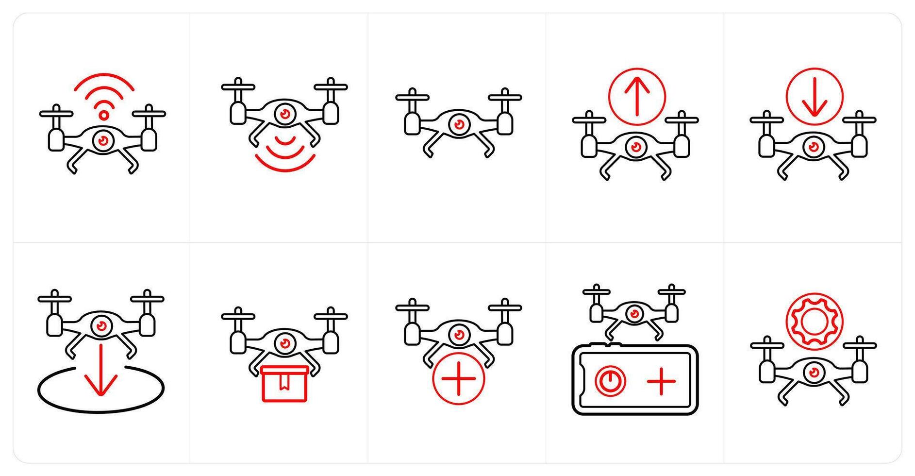 A set of 10 Drone icons as drone wifi, drone signal, drone in red line color vector