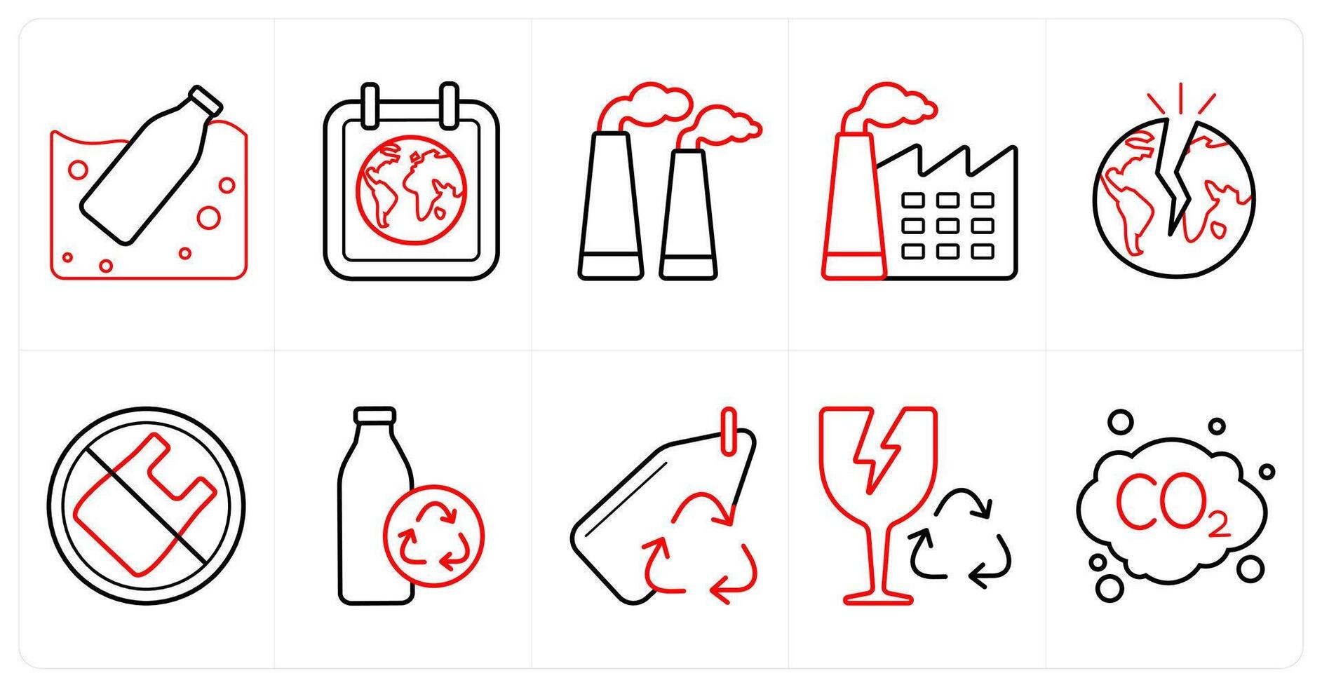 A set of 10 Ecology icons as recycled bottle, nature, factory pollution in red line color vector