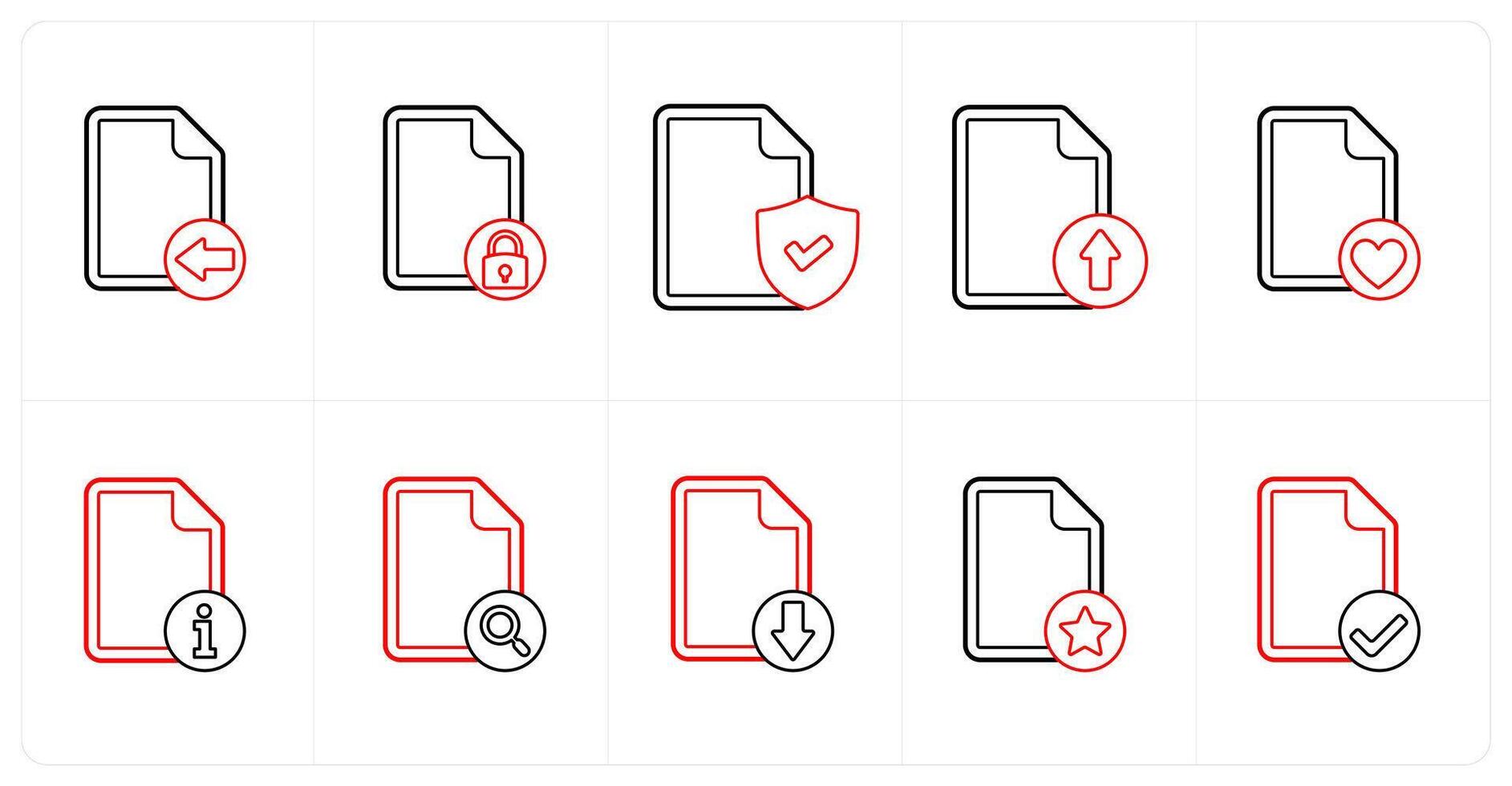 A set of 10 file icons as received file, file security, secured document in red line color vector