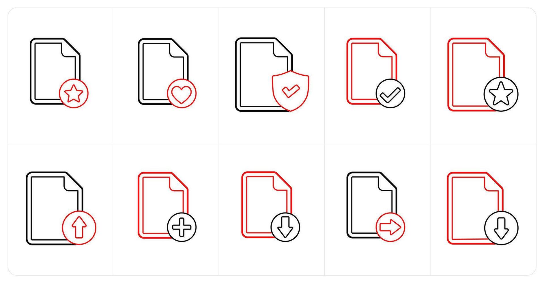 A set of 10 file icons as star file, favorite file, secured document in red line color vector