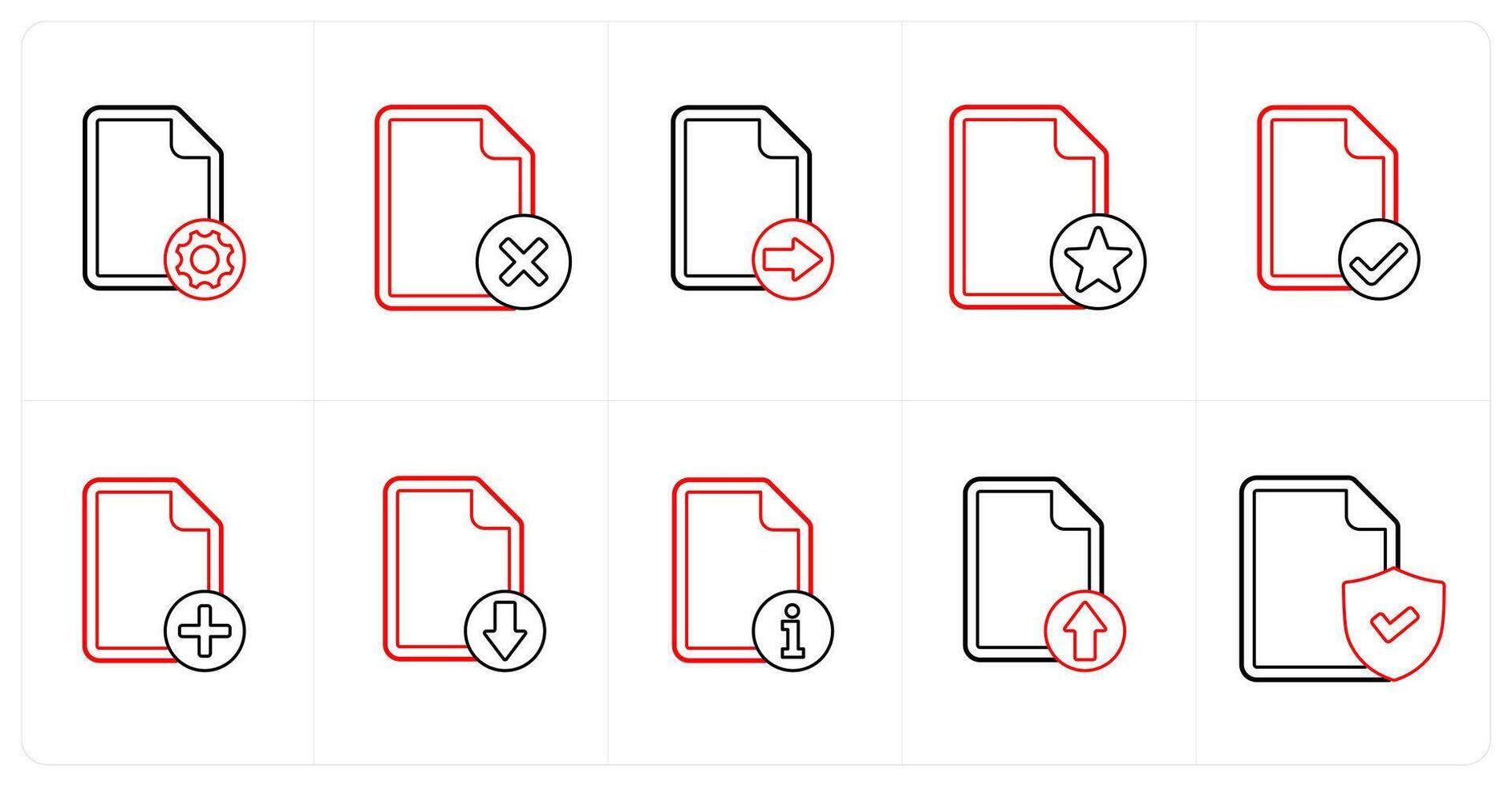 A set of 10 file icons as file setting, wrong, send file in red line color vector