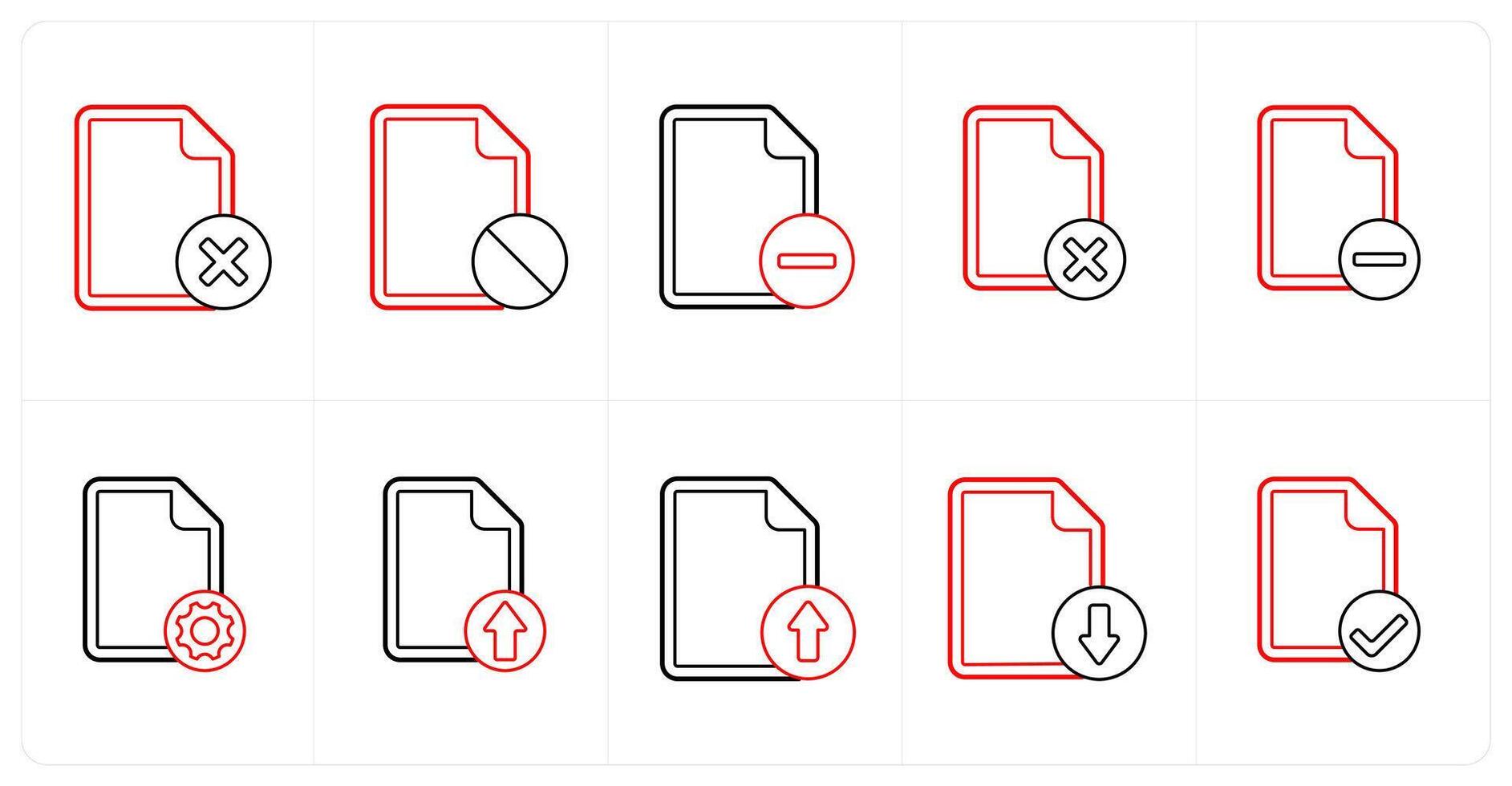 A set of 10 file icons as wrong, delete, remove in red line color vector