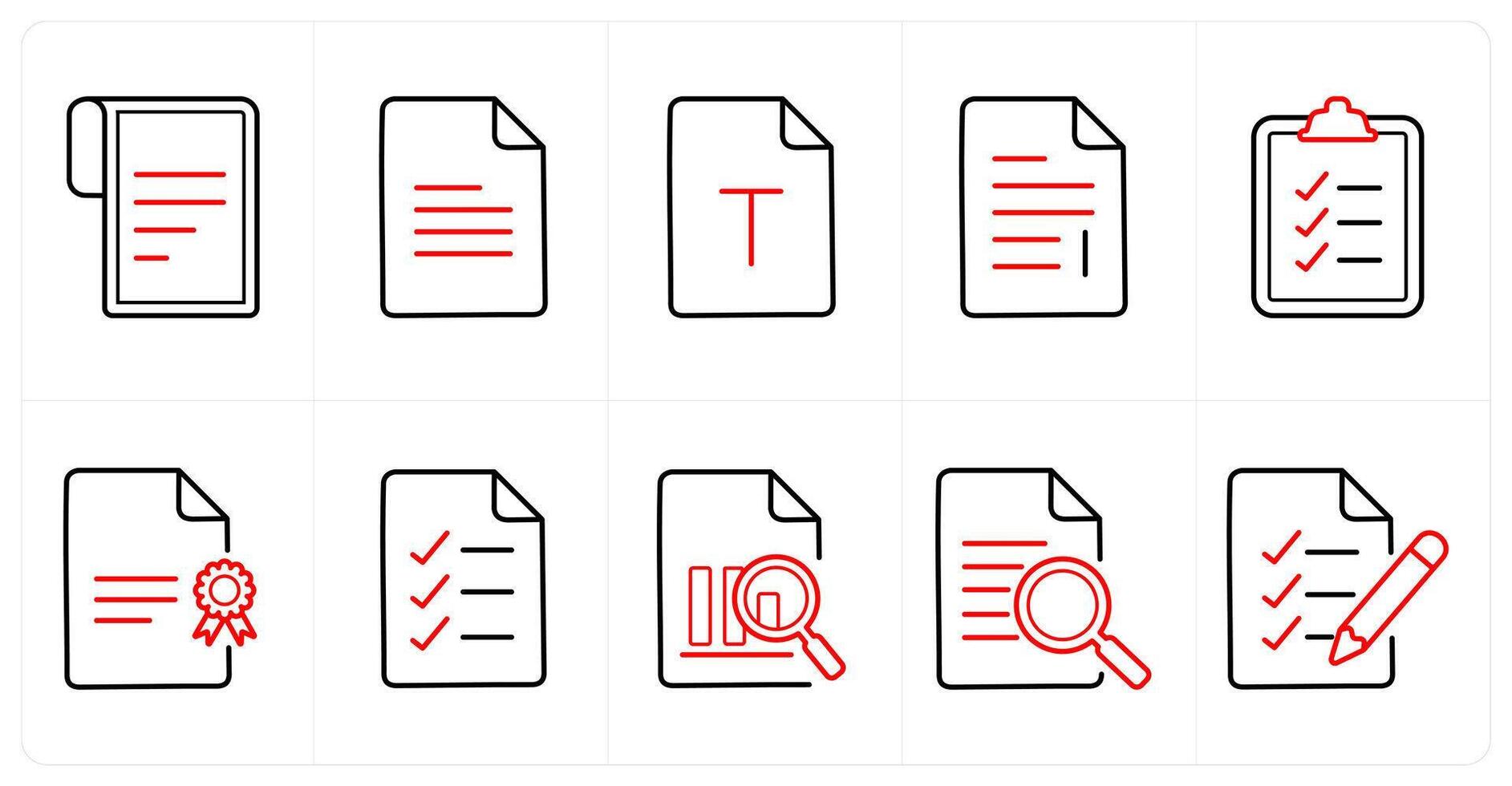 A set of 10 File icons as text document, content, document file in red line color vector