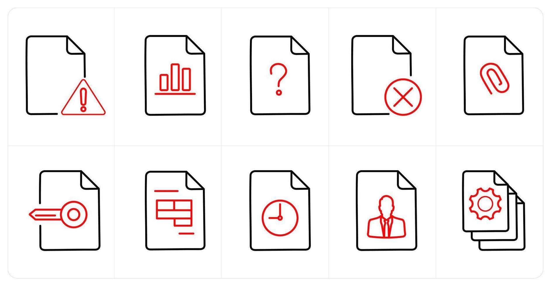un conjunto de 10 archivo íconos como mantenimiento, grafico, pregunta en rojo línea color vector