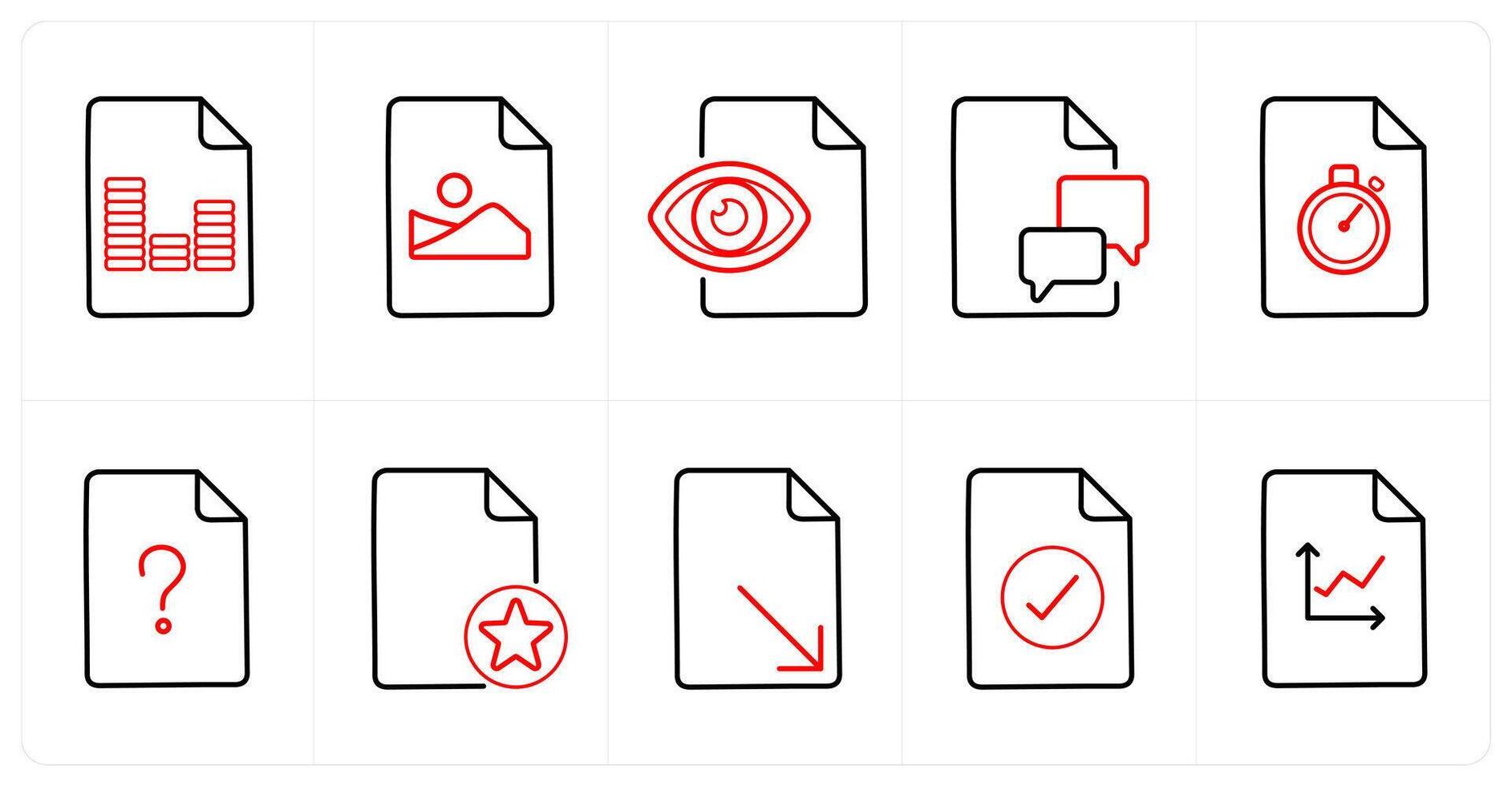 A set of 10 File icons as article, picture document, view document in red line color vector