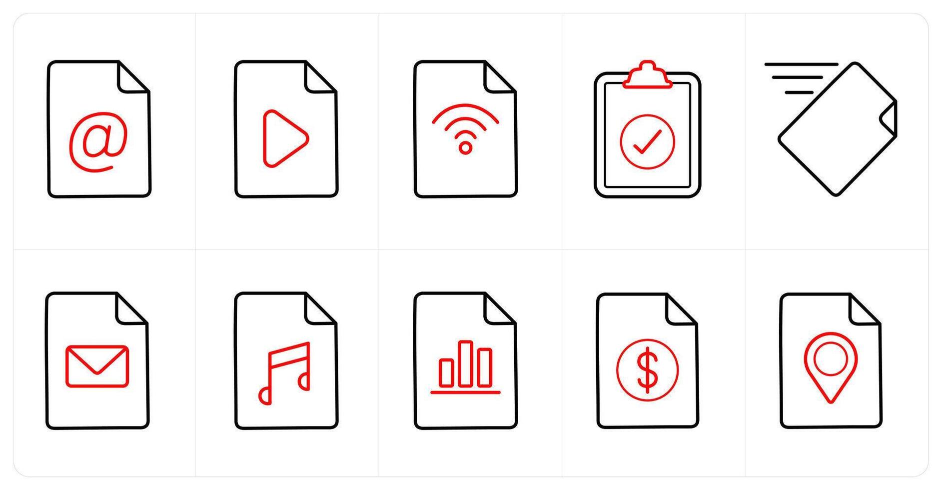 A set of 10 File icons as email, , wifi in red line color vector