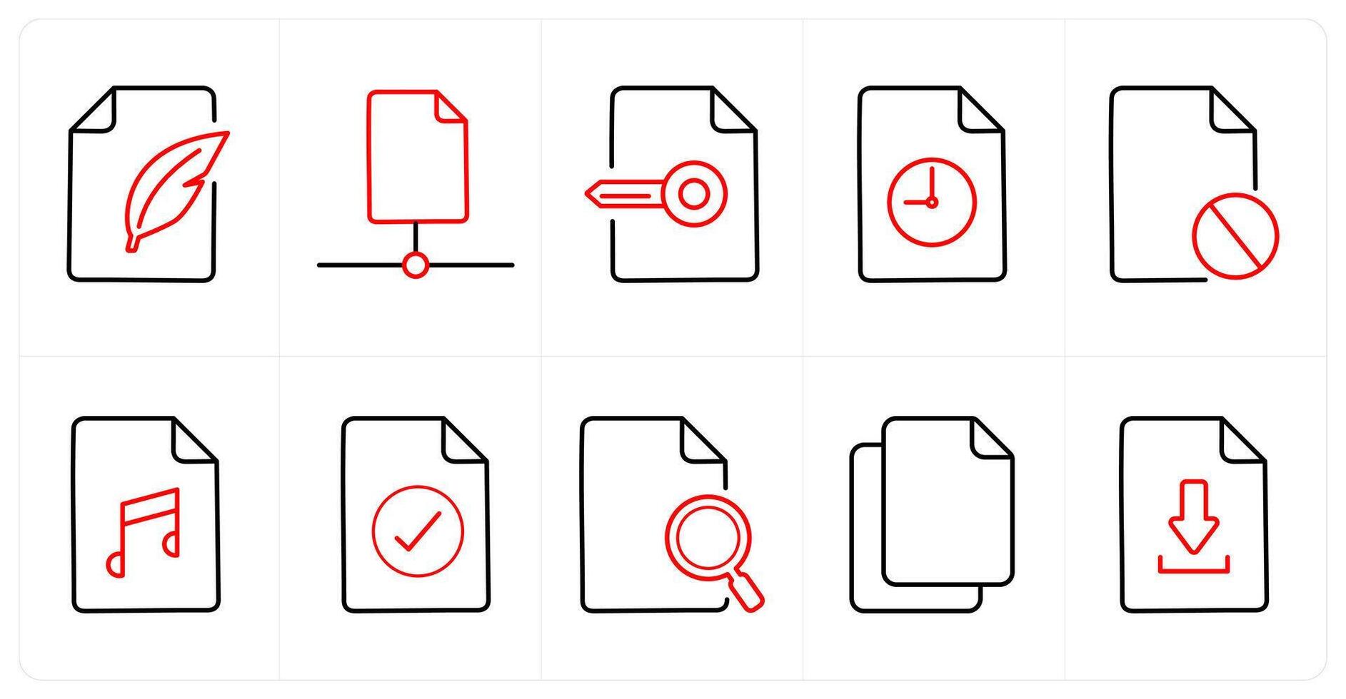 A set of 10 File icons as compose, document, keywork in red line color vector