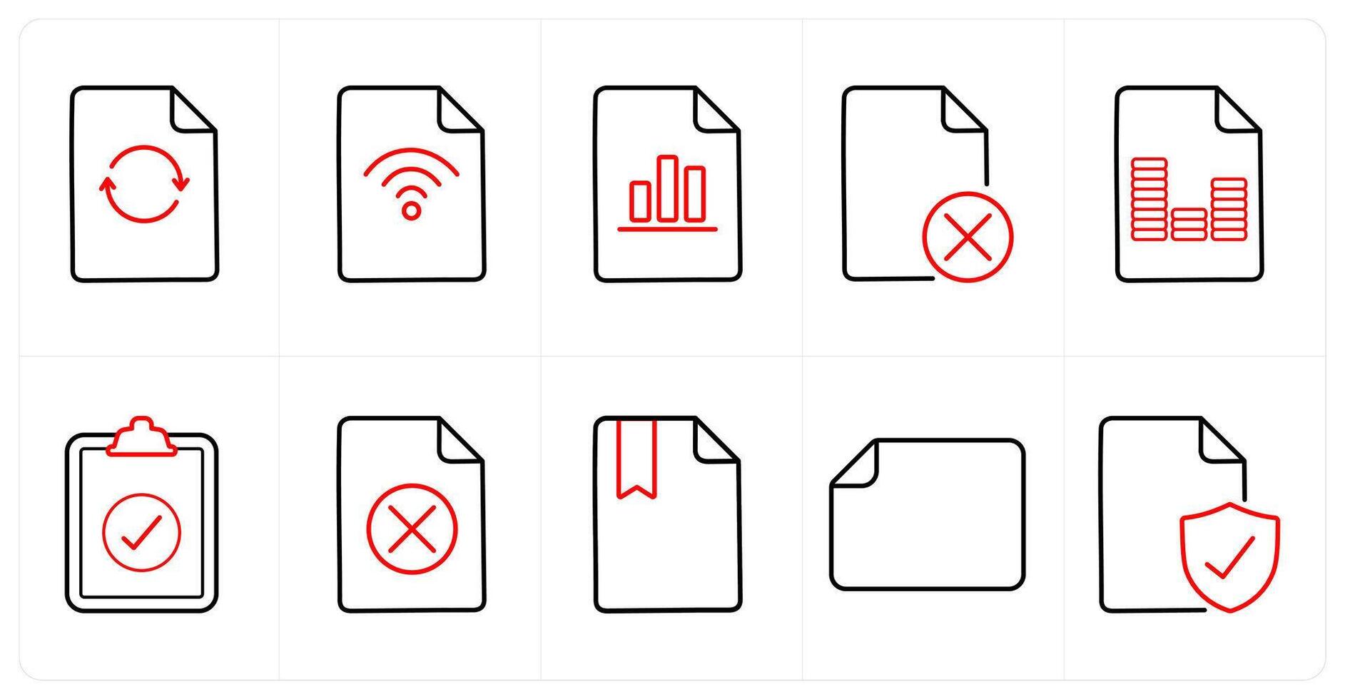 A set of 10 File icons as update, wifi, graph in red line color vector