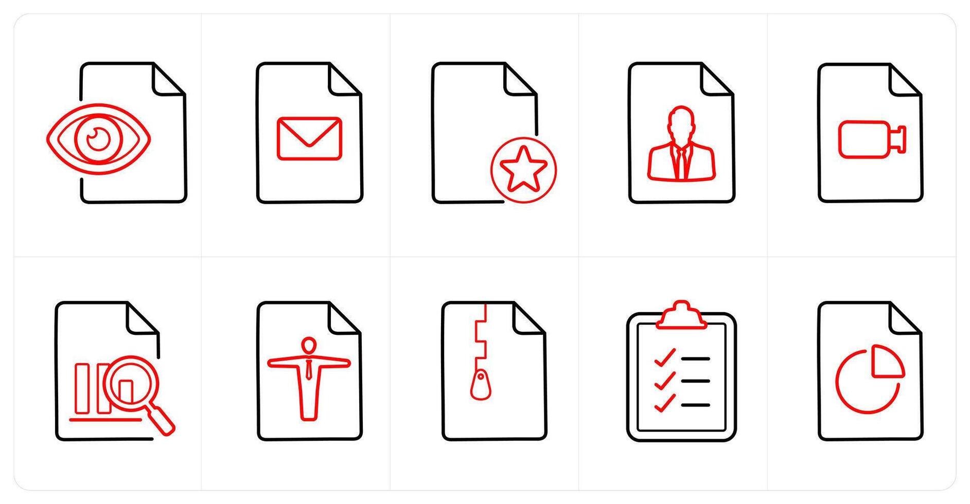 A set of 10 File icons as view document, mail, star in red line color vector