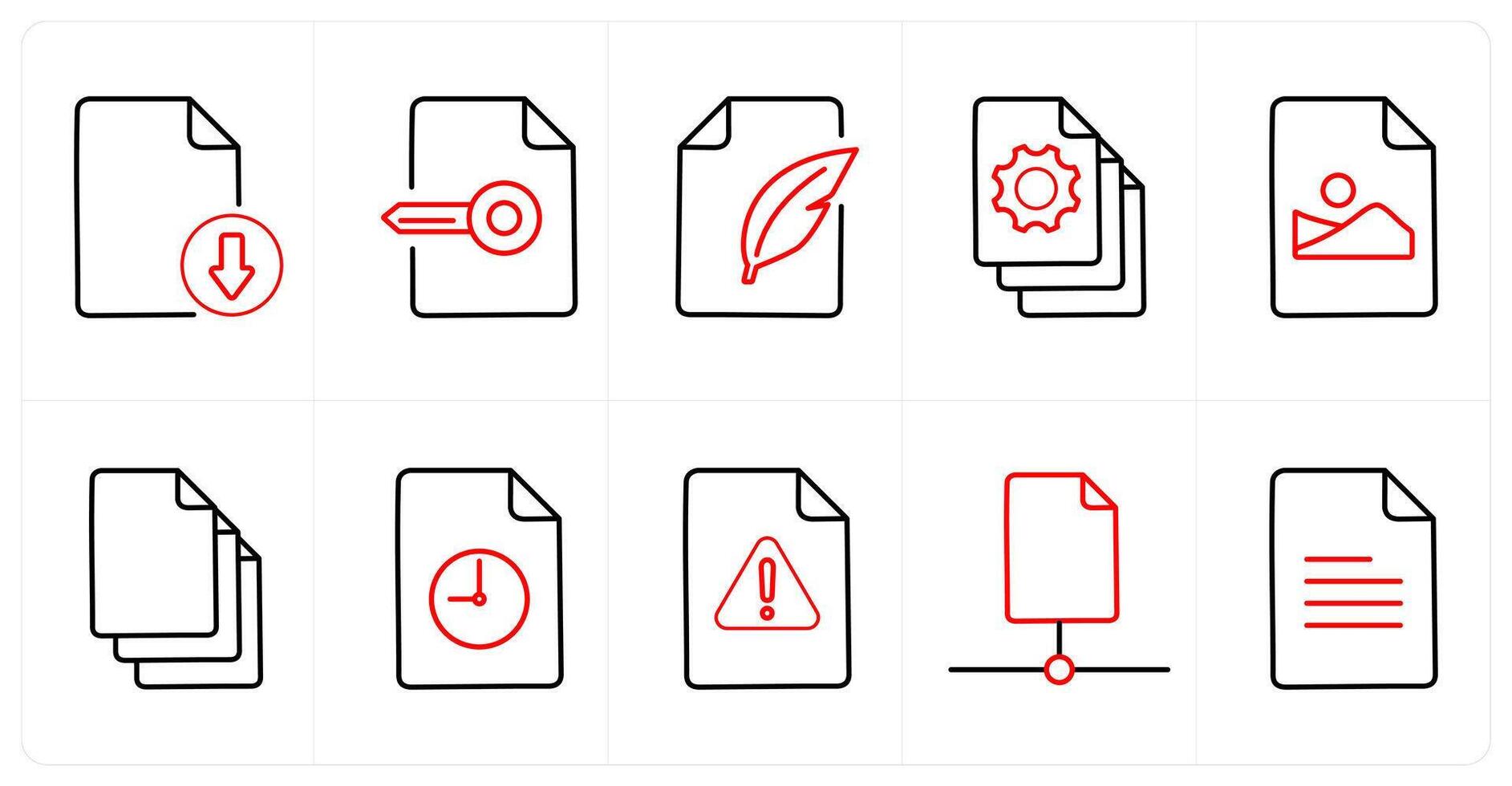 A set of 10 File icons as download, keywork, compose in red line color vector