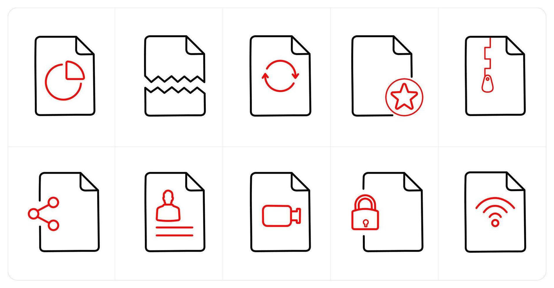 A set of 10 File icons as pie, damaged, update in red line color vector