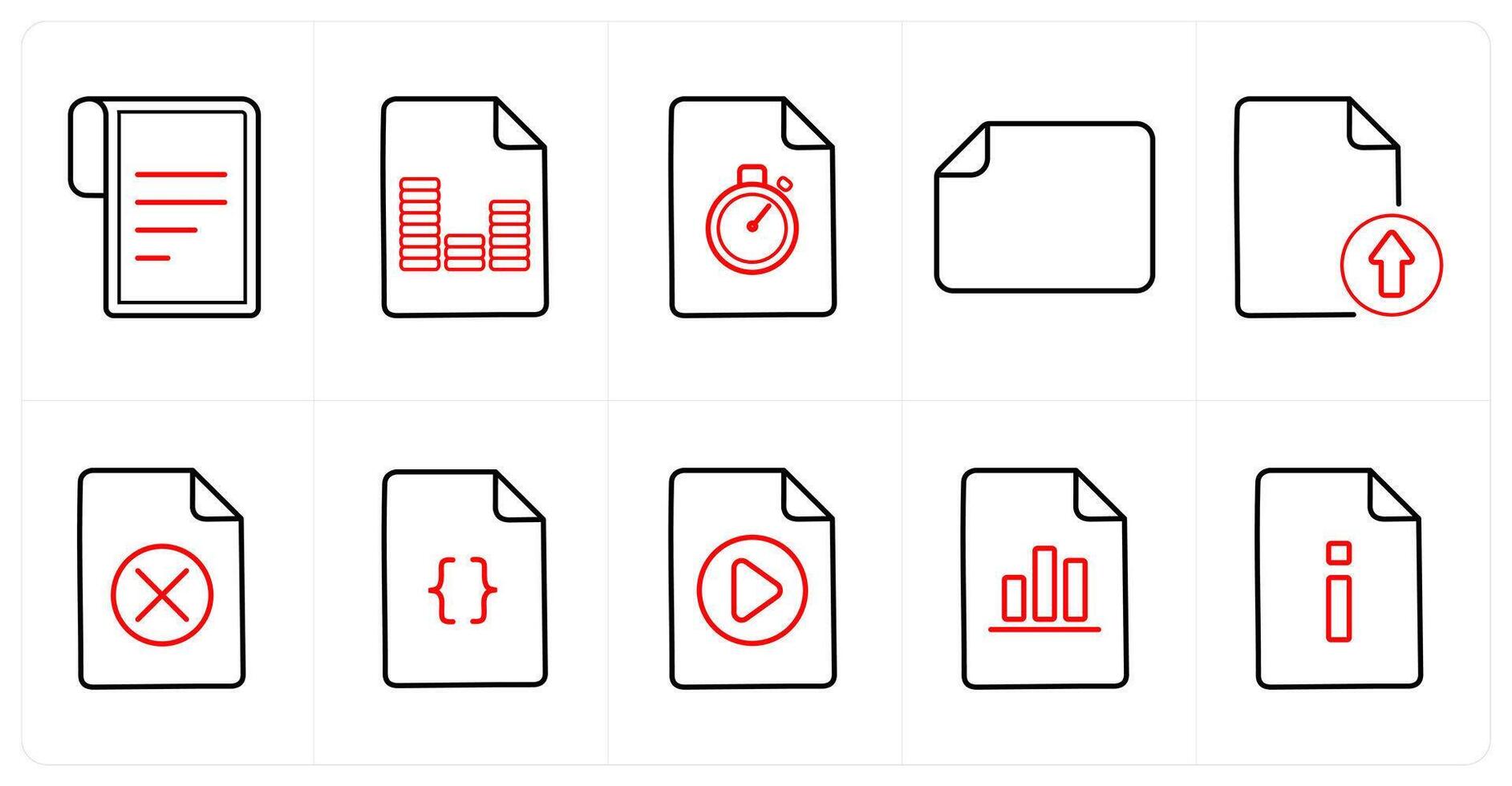 A set of 10 File icons as text document, article, performance in red line color vector