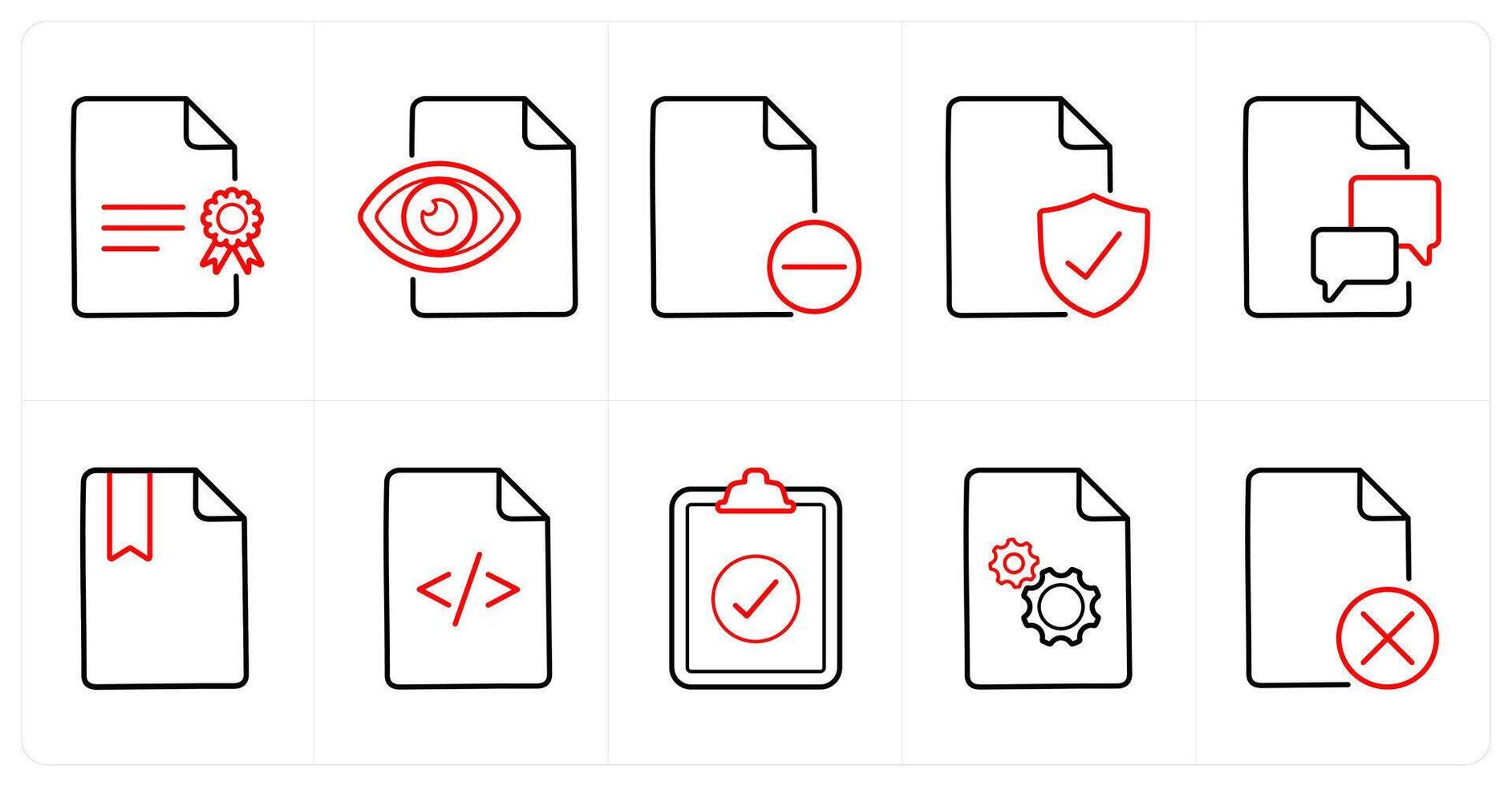 A set of 10 File icons as certificate, view document, remove in red line color vector