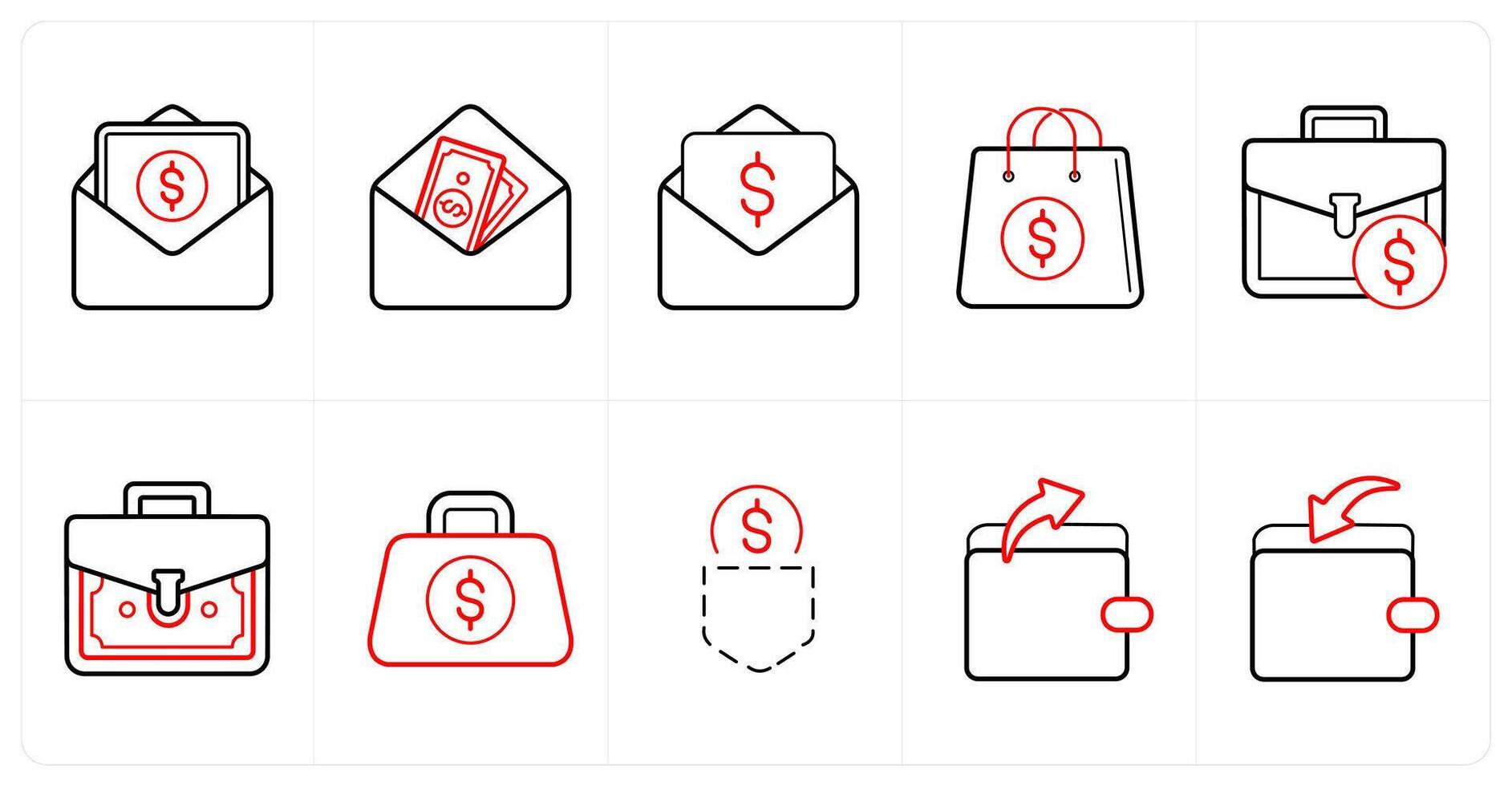 A set of 10 finance icons as banking, email funds, salary envelope, in red line color vector