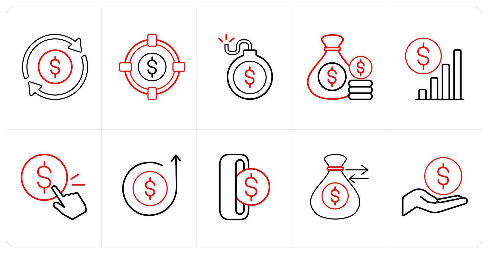 A set of 10 finance icons as cash flow, target profit, mortgage in red line color vector